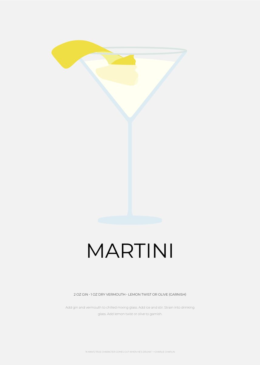 'Martini Cocktail recipe' Poster, picture, metal print, paint by Alo