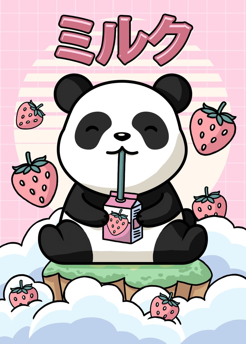 Lovely kawai panda bear. Digital design of a lovely cute kawaii panda bear  over a pastel pink background. Stock Illustration