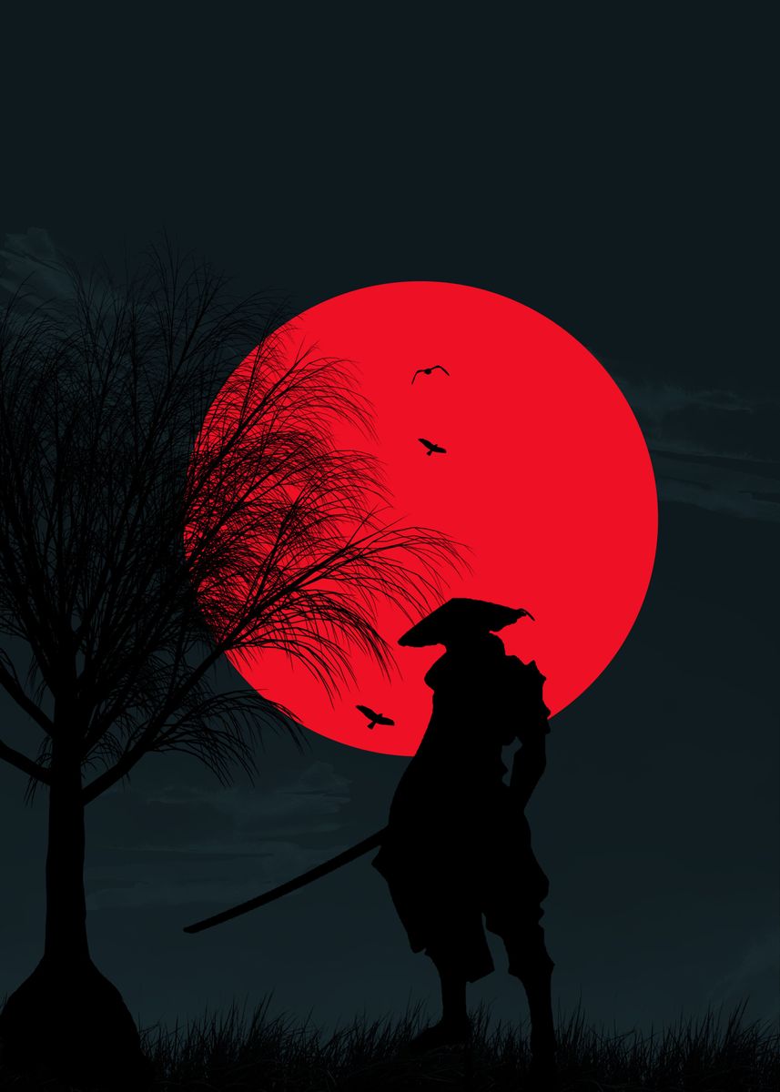 'Samurai Solo Red Moon' Poster, picture, metal print, paint by Theng Id ...