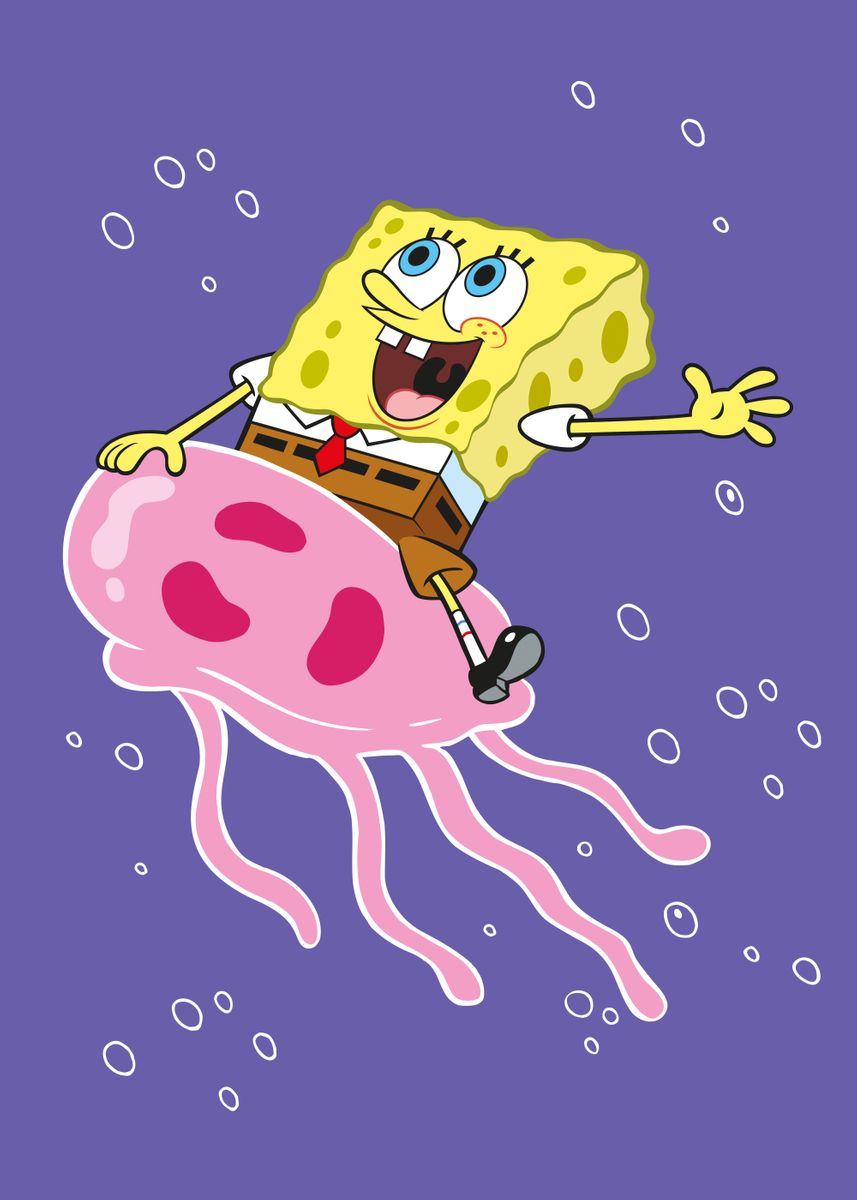 SpongeBob Riding Jellyfish' Poster, picture, metal print, paint by