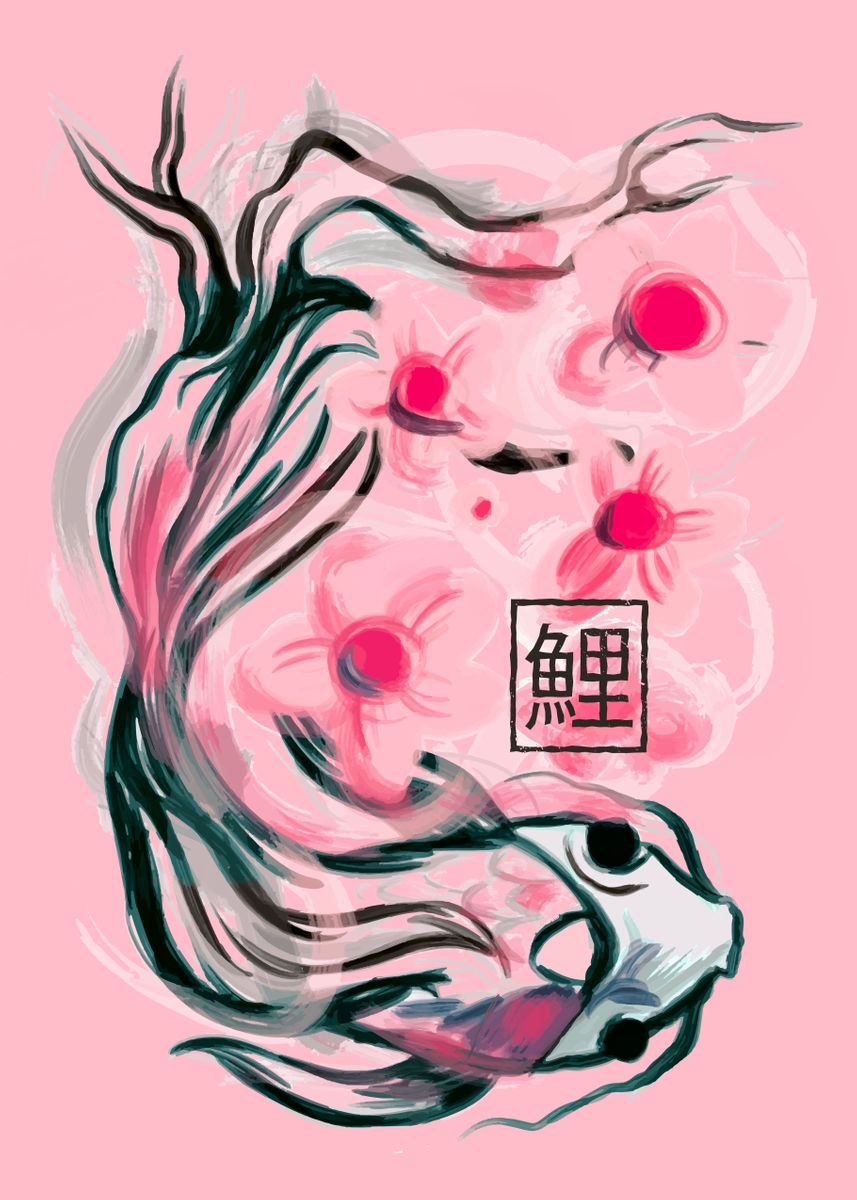 'Koi fish sakura flowers' Poster by Simon Darren | Displate