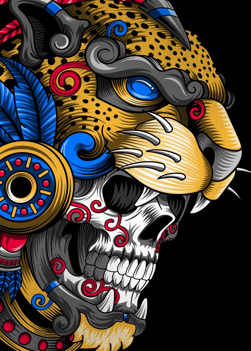 Mayan Jaguar Warrior Skull design' Sticker