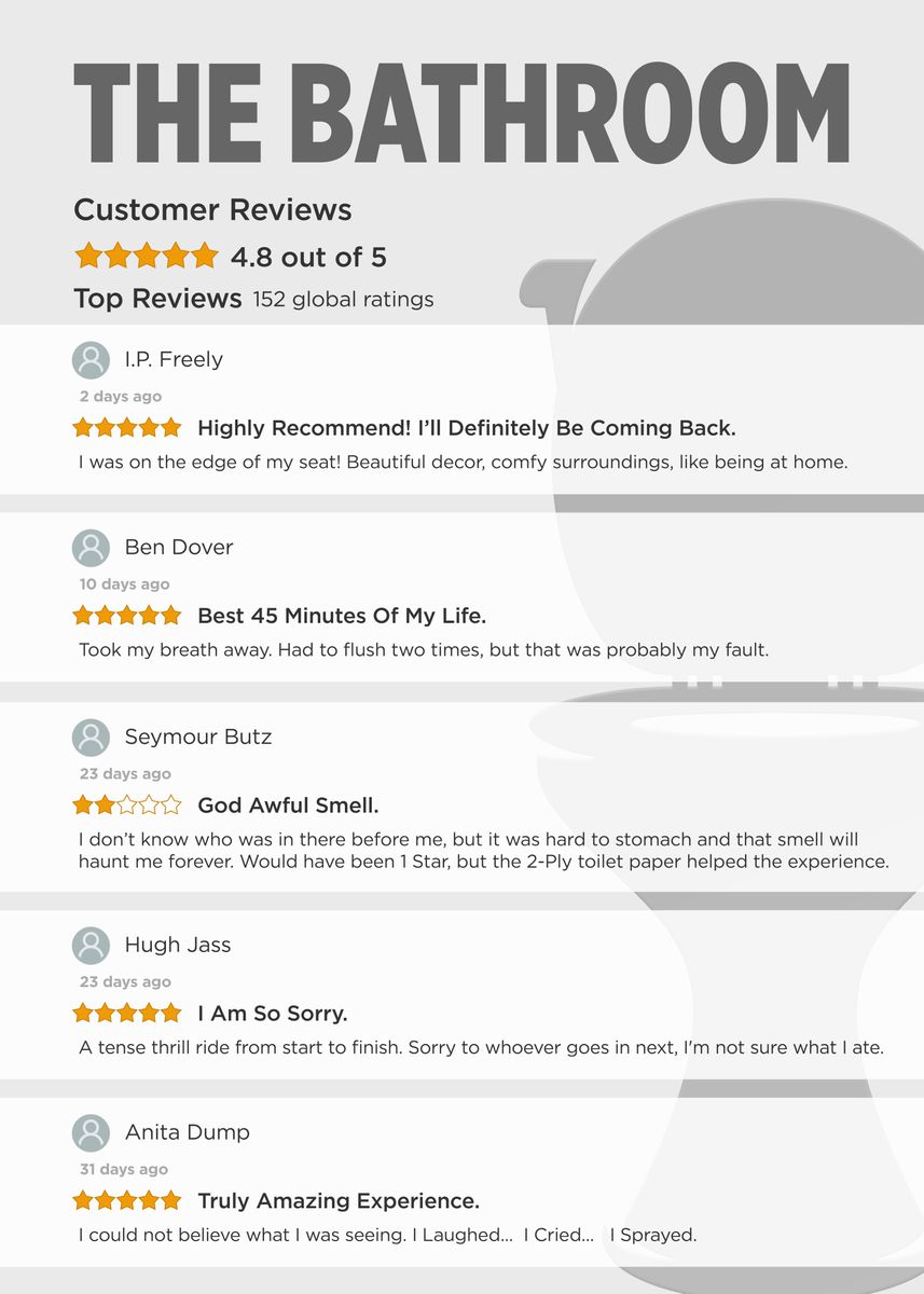 'Funny Bathroom Reviews' Poster, picture, metal print, paint by 84PixelDesign Displate