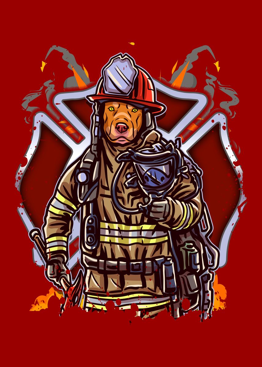 'funny Pitbull Firefighter' Poster By Lukes Pixel Studio 