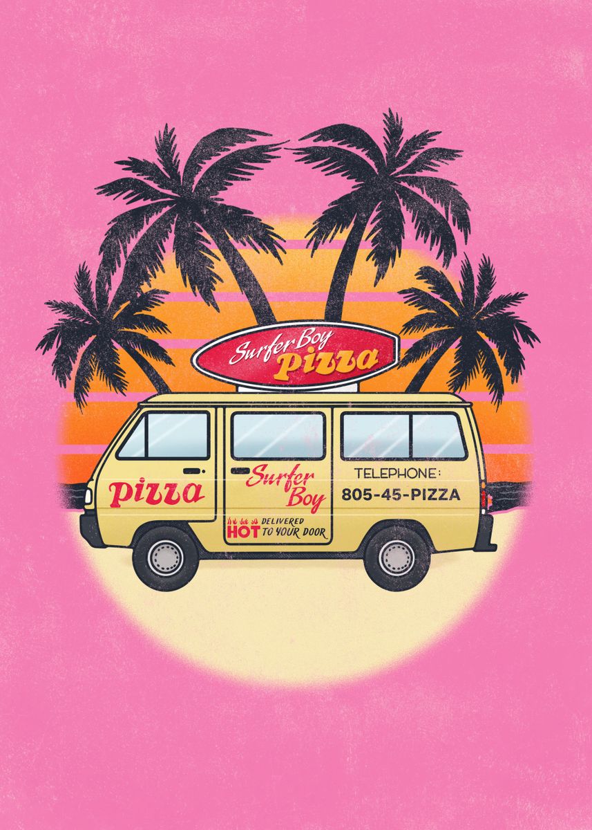 'Surfer Boy Pizza Car' Poster, picture, metal print, paint by Stranger