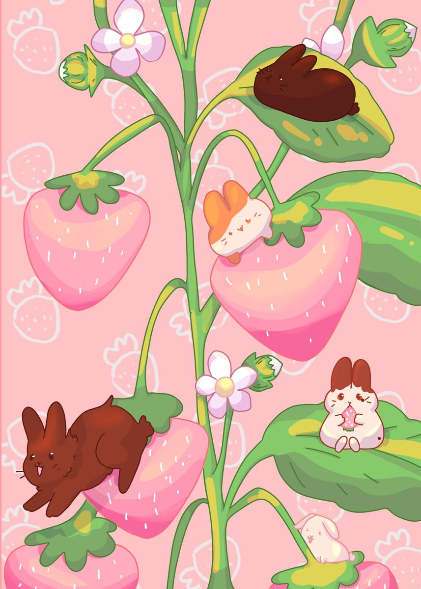 'Bunnies and strawberries' Poster, picture, metal print, paint by Moohn ...