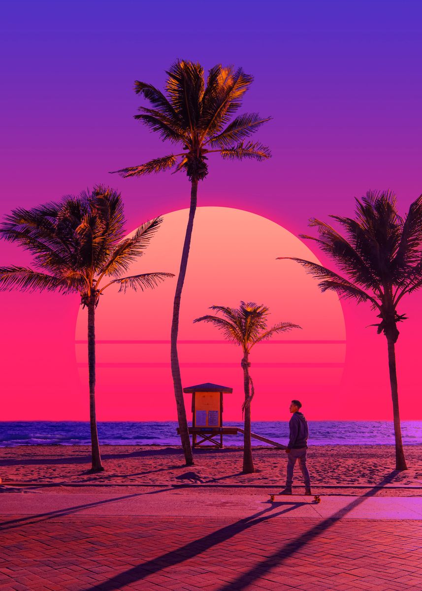 'Synth Beach' Poster, picture, metal print, paint by Yagedan Displate