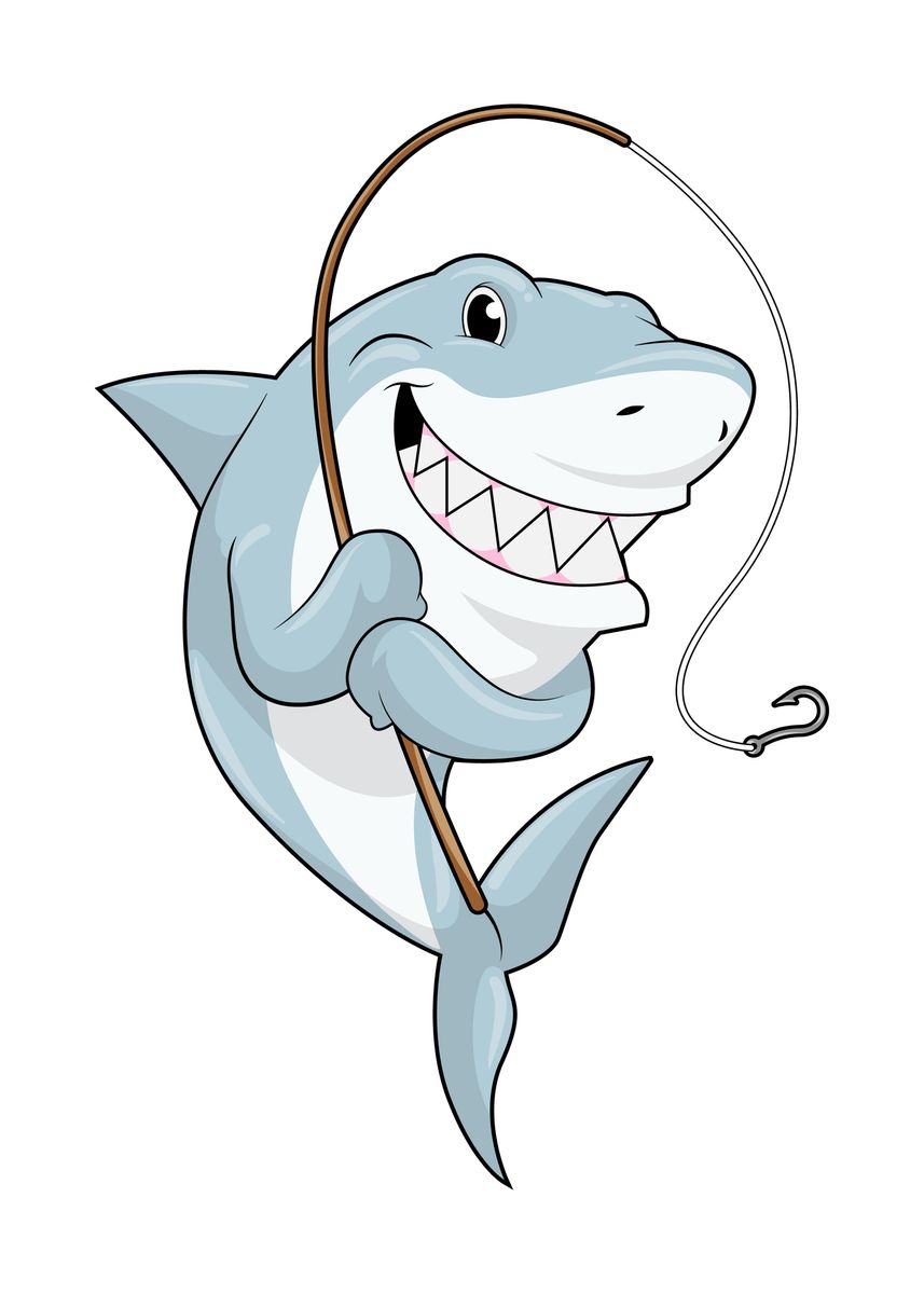 Shark as Fisher with Fishing rod - Angler - Posters and Art Prints