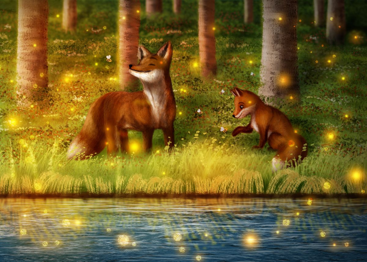'Foxes playing in sunset' Poster by Leviculus Art  | Displate