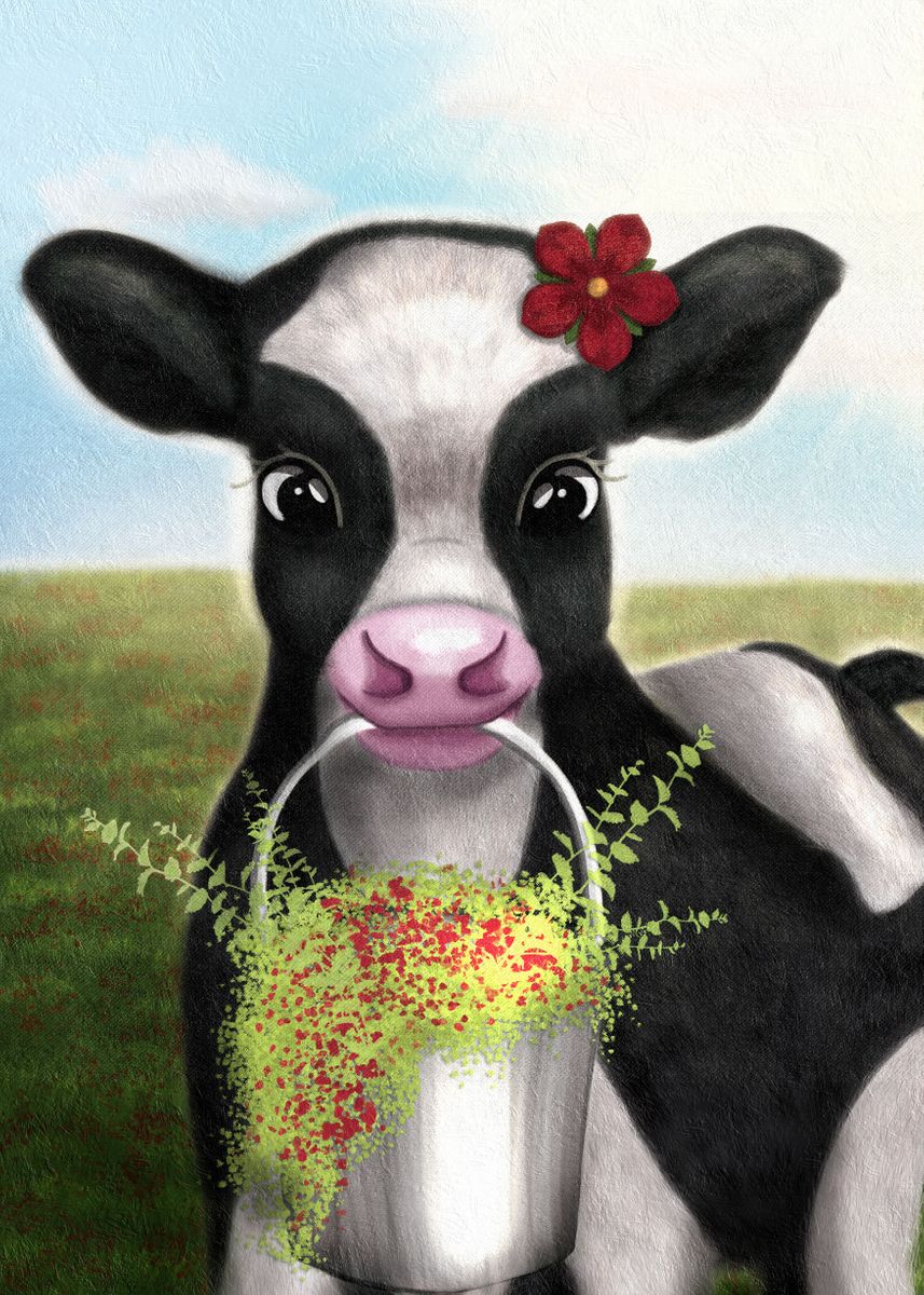 'Cow with a flower bucket' Poster by Leviculus Art  | Displate