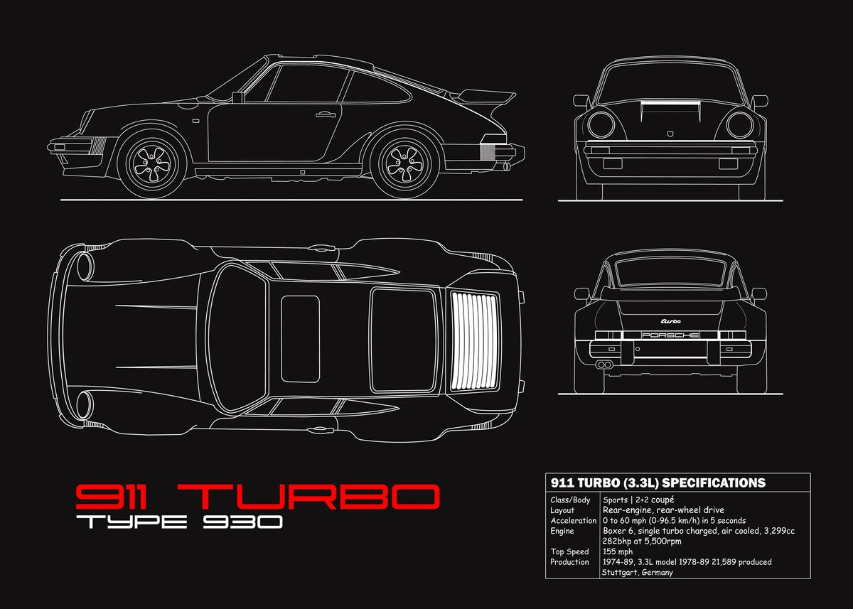 '930 Turbo Blueprint' Poster by RogueDesign  | Displate