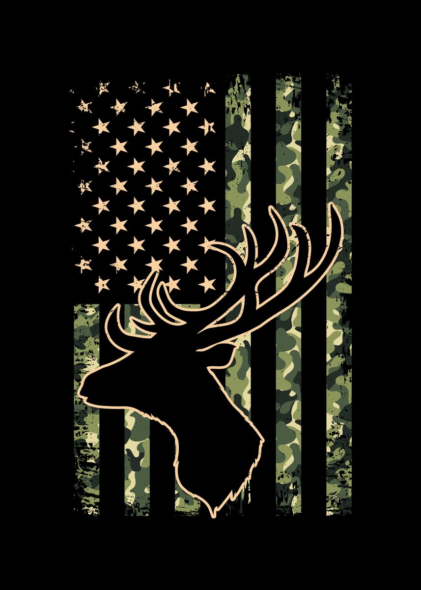 'Buck Deer American Flag' Poster, picture, metal print, paint by ZS C O