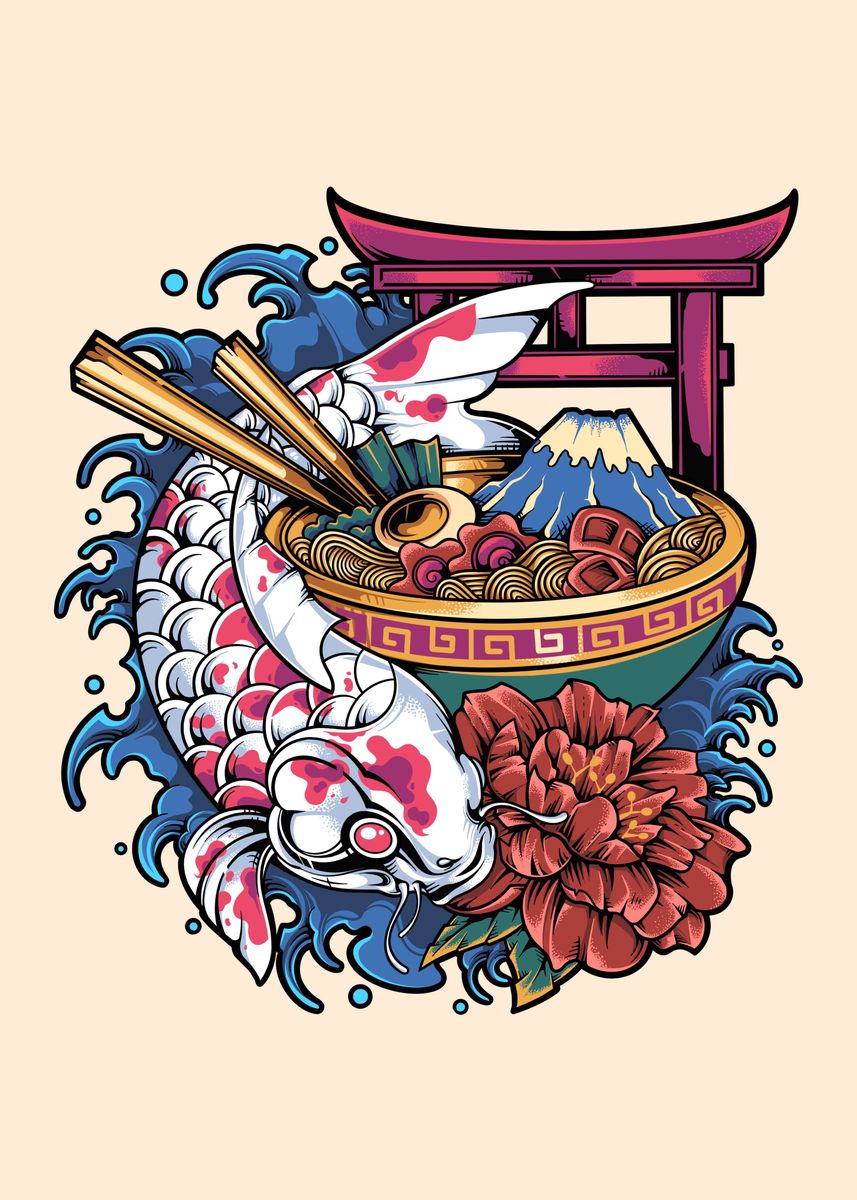 Japanesx koix ramenx Poster, picture, metal print, paint by Bayuktx  Artstudio | Displate