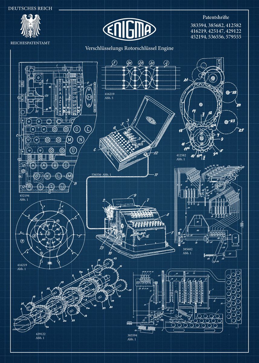 'Enigma patent blueprint' Poster, picture, metal print, paint by Adrien ...