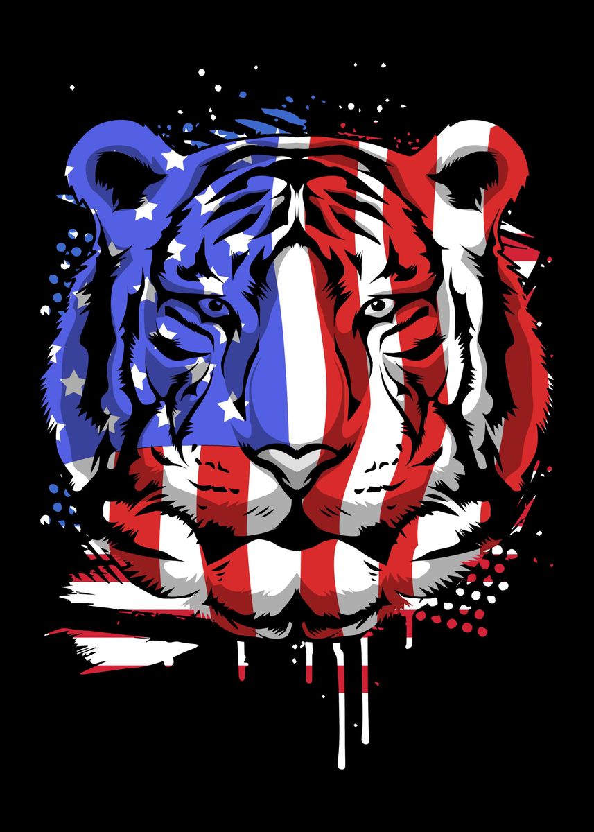 ‘American Flag Tiger’ Poster, picture, metal print, paint by FunnyGifts