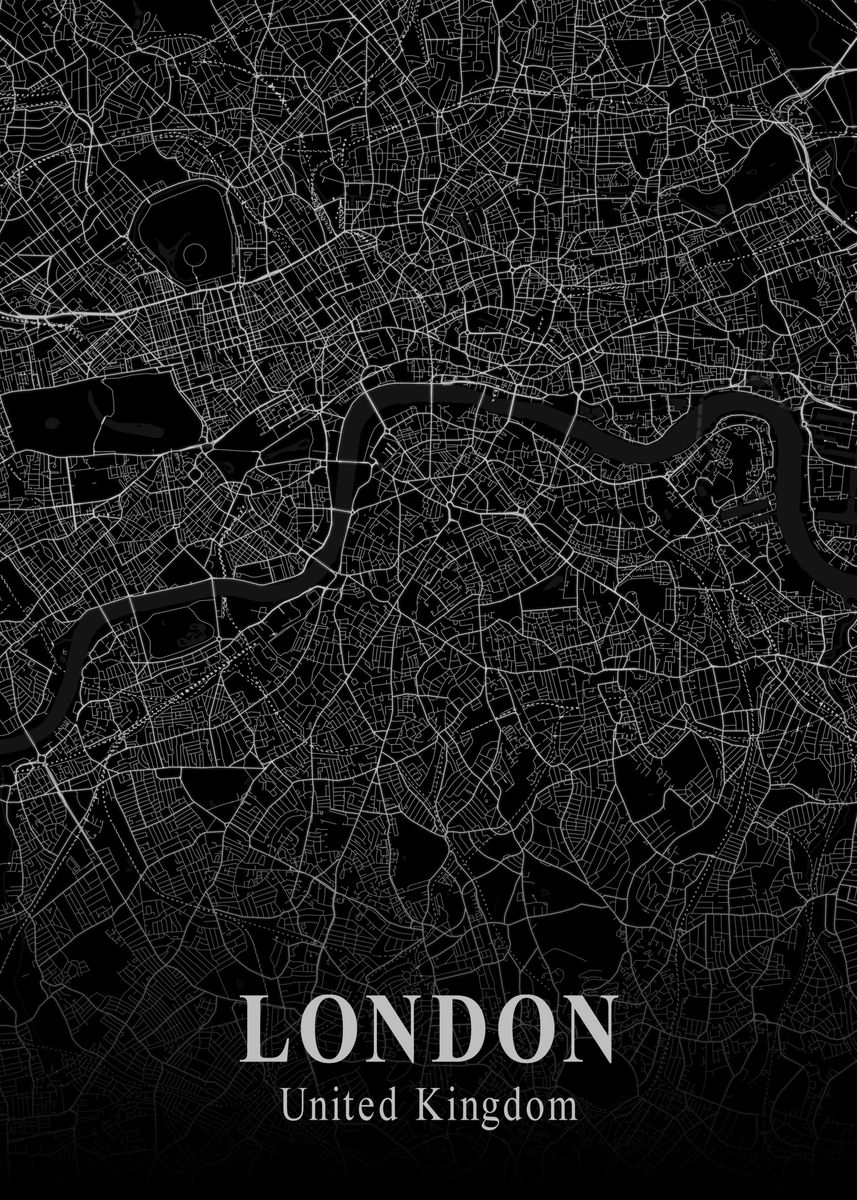 'London City Map Dark' Poster, picture, metal print, paint by Nae ...