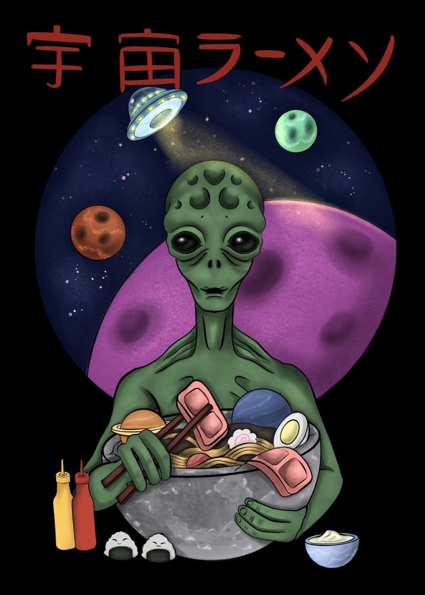 'alien eating ramen' Poster, picture, metal print, paint by Yacoub Al ...