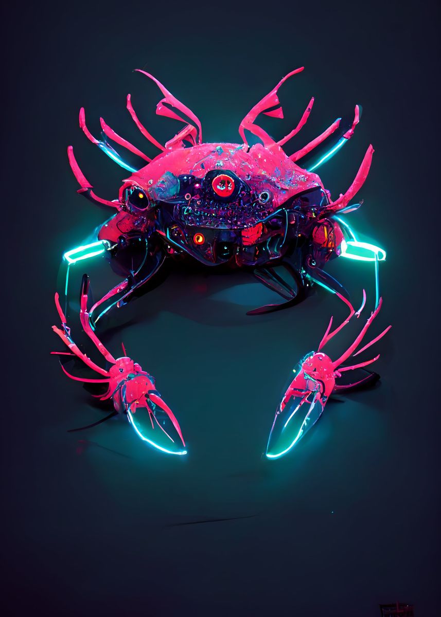 'Cyber Neon Crab' Poster, picture, metal print, paint by FusionDesigns