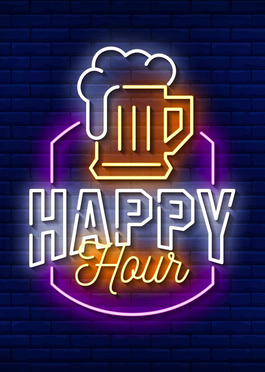 'Beer Happy Hour Neon Retro' Poster, picture, metal print, paint by ...