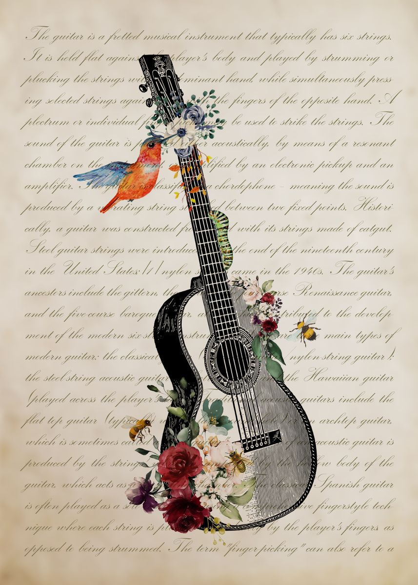 ‘Guitar with Flowers’ Poster by Aged Pixel | Displate