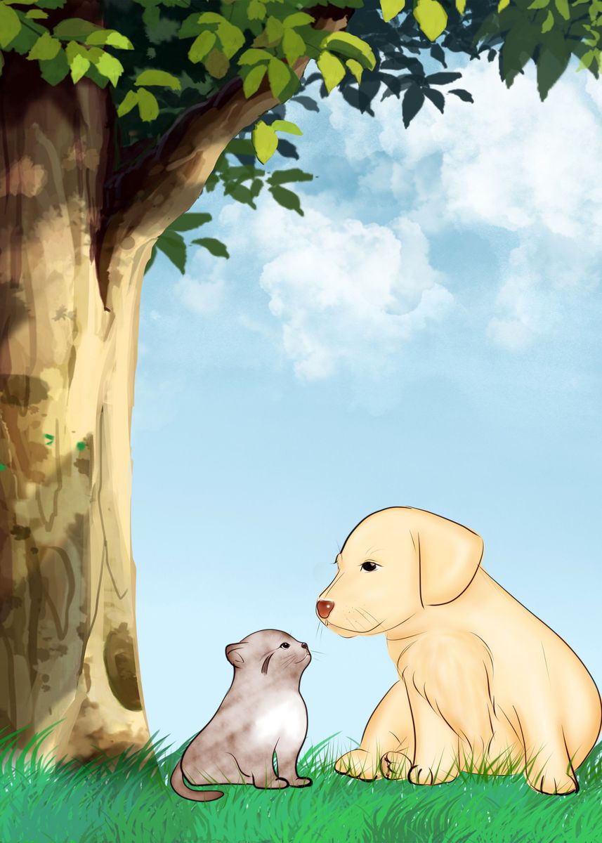 'Dog and Cat by Tree Nature' Poster by Max Ronn Displate