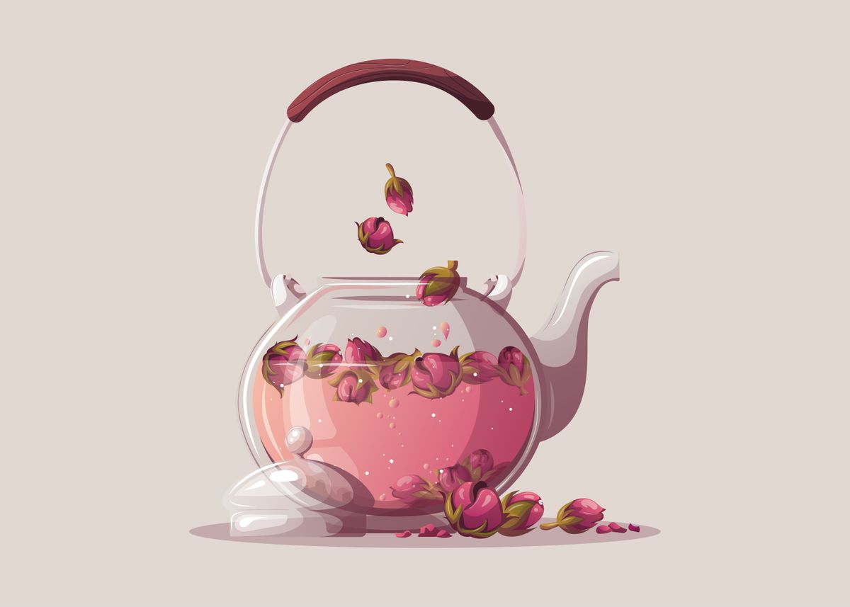 'Rose tea teapot' Poster by Tanya Yagudina Displate