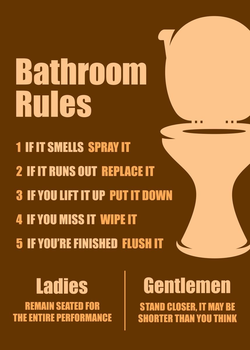 'Funny Bathroom Rules' Poster, picture, metal print, paint by