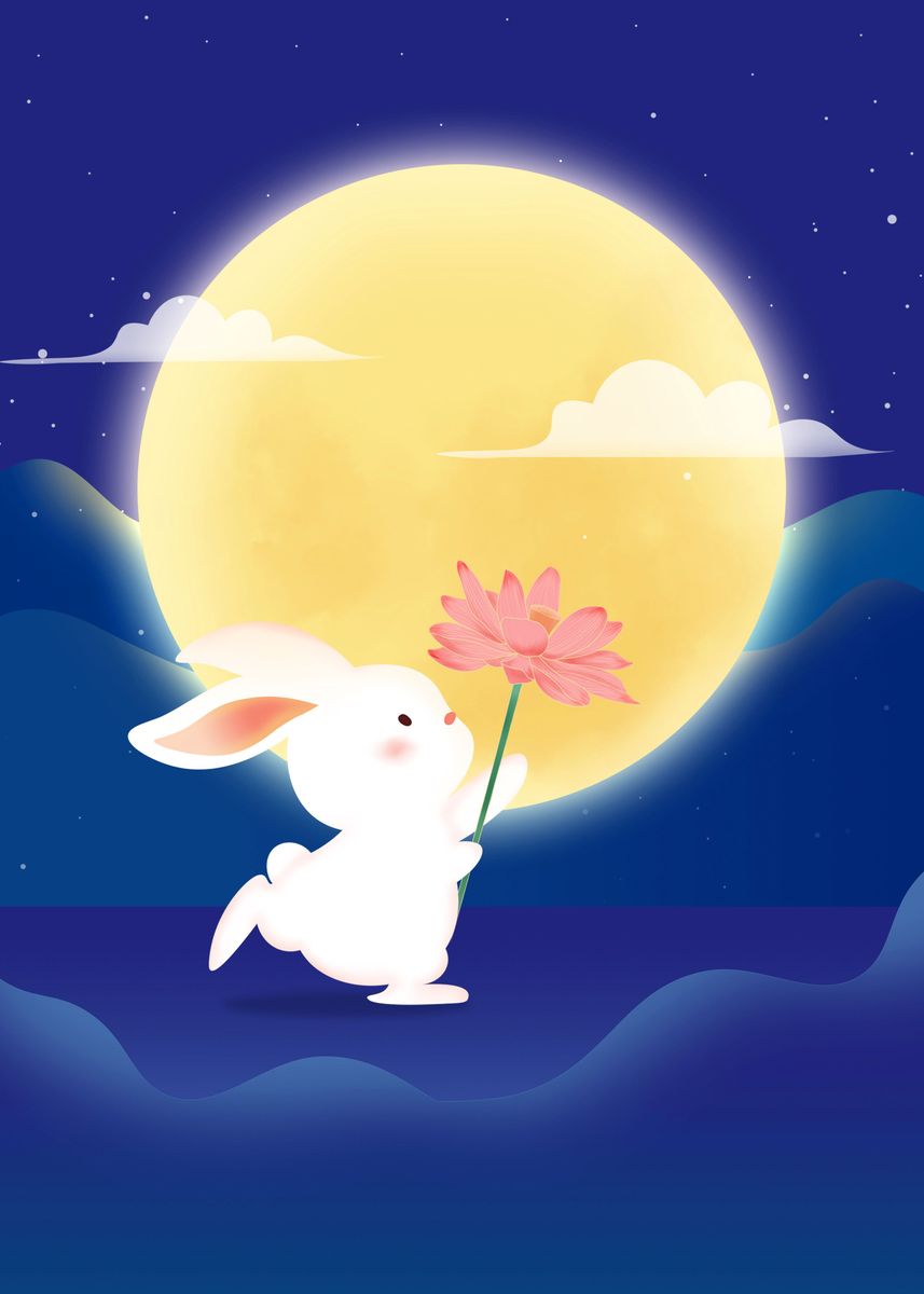 'Cute Bunny by the Moon' Poster, picture, metal print, paint by Max