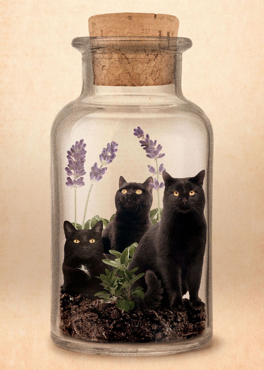 'Black Cats in a Bottle ' Poster by Max Ronn Displate