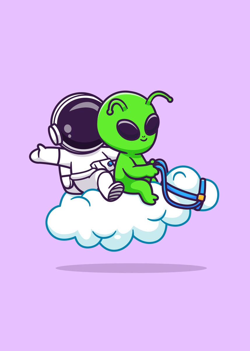 'Cute astronaut and alien' Poster, picture, metal print, paint by Le ...