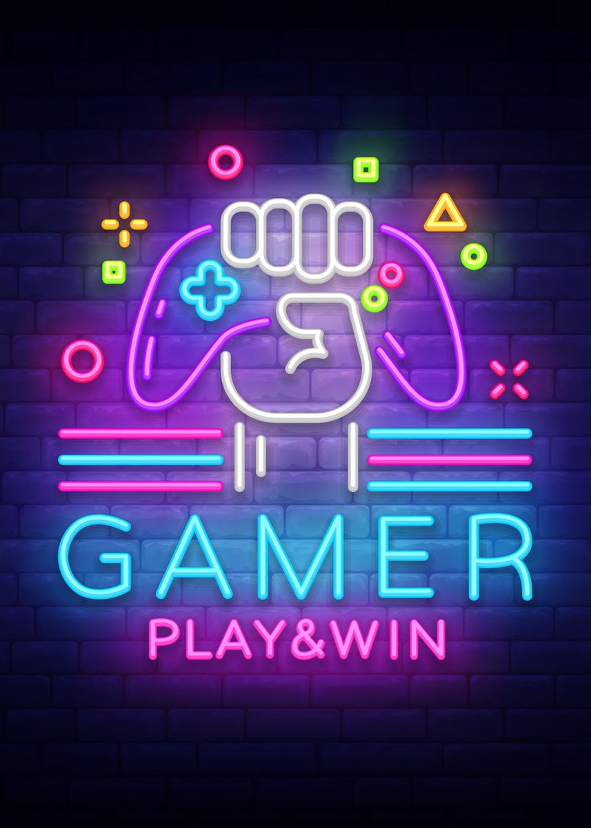 'Gamer Play and Win Neon' Poster, picture, metal print, paint by ...