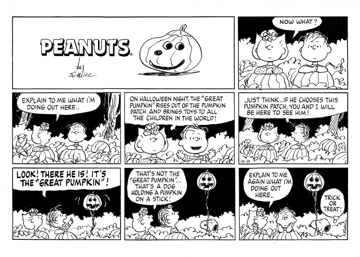 'Great Pumpkin BW Comic' Poster by Peanuts Displate