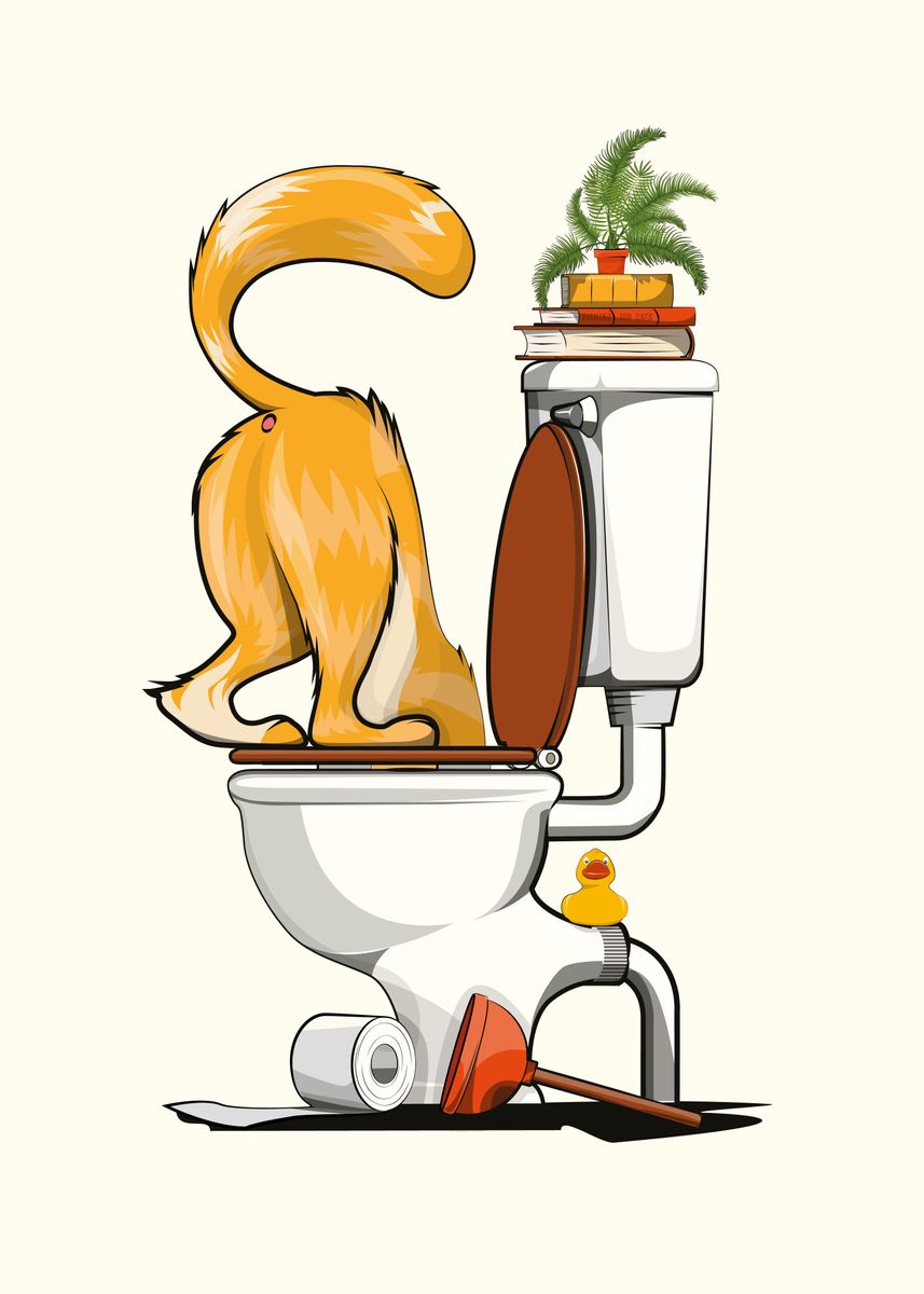 'Cat drinking from toilet' Poster, picture, metal print, paint by