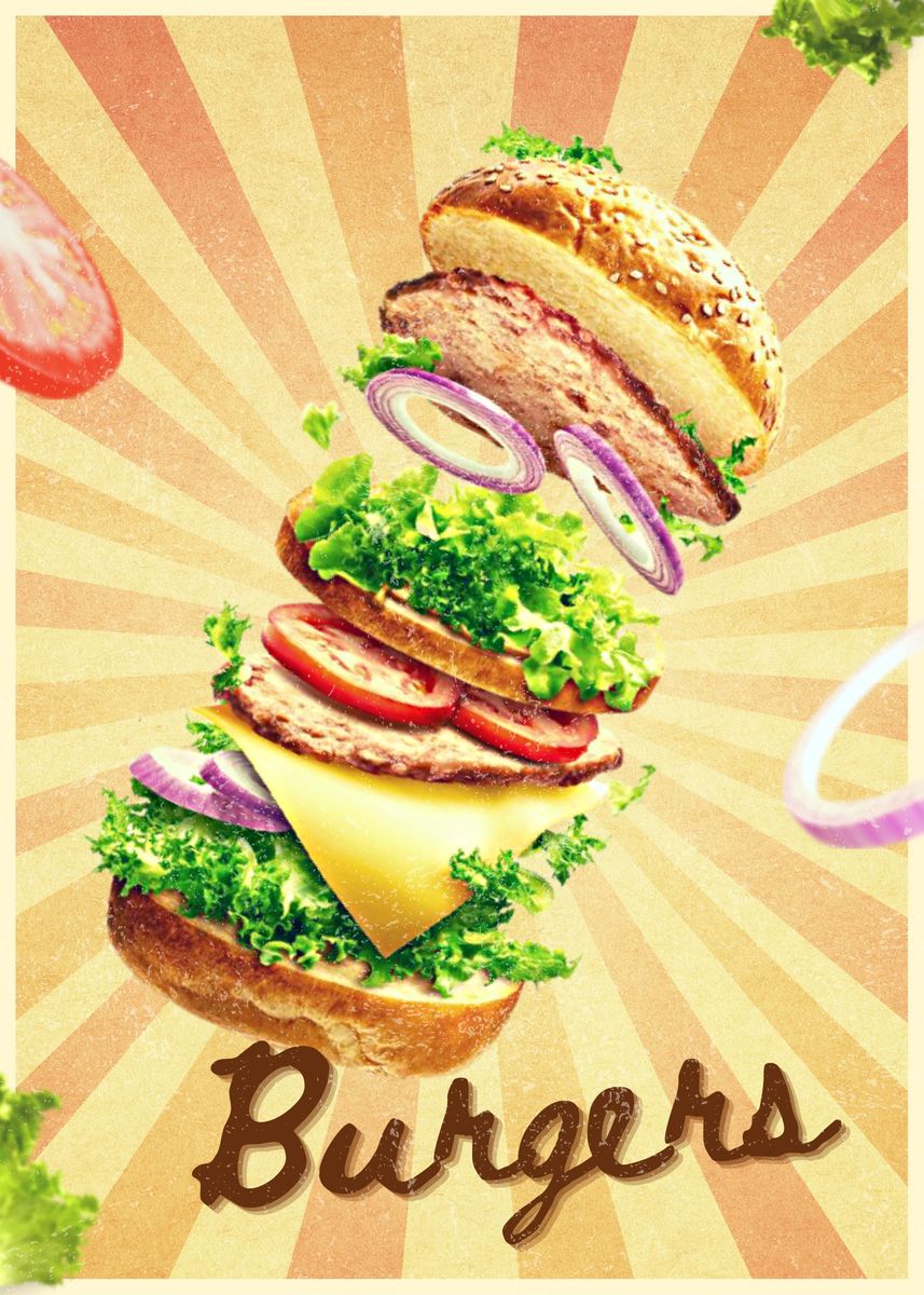 'Retro Burgers Poster' Poster, picture, metal print, paint by Liyana