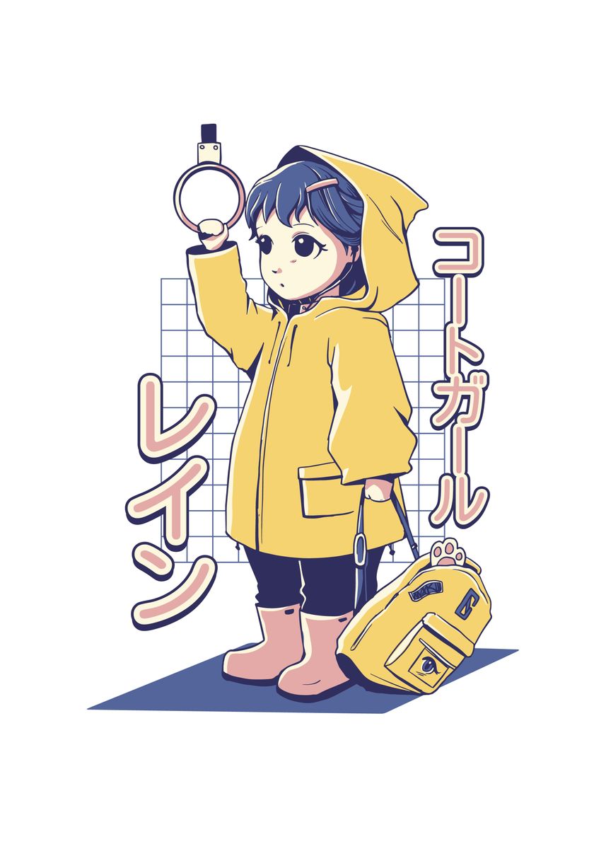 'Anime girl yellow raincoat' Poster, picture, metal print, paint by