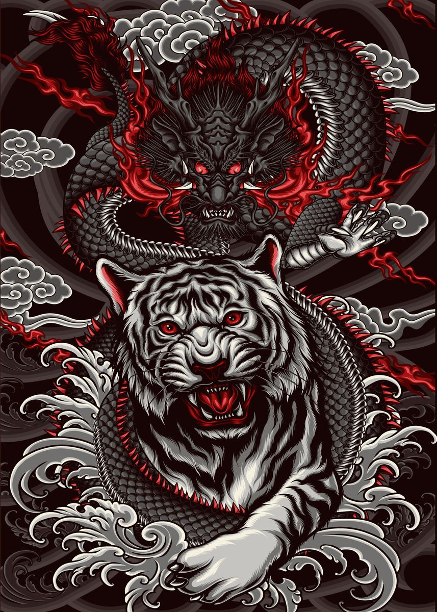 'Dragon attacker Tiger' Poster by Nabila Art | Displate