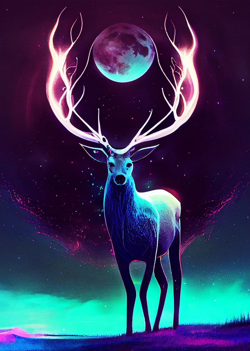'Deer and Moon Painting' Poster, picture, metal print, paint by Muh Asdar Displate