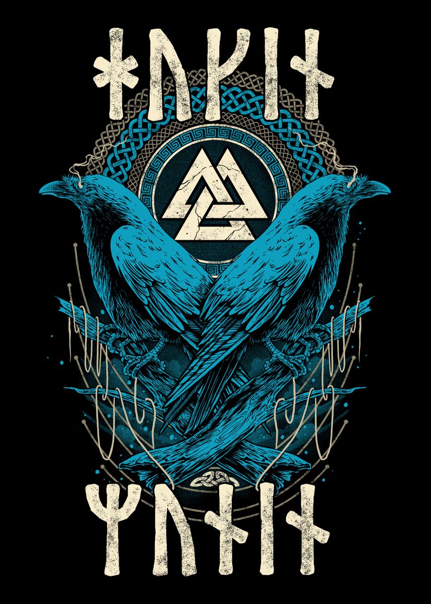‘Viking Odin Raven Runes’ Poster, picture, metal print, paint by