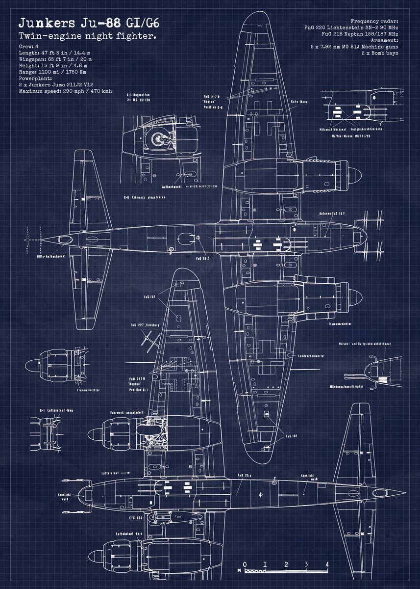 'Junkers Ju88 G1 Blueprint' Poster, picture, metal print, paint by ...