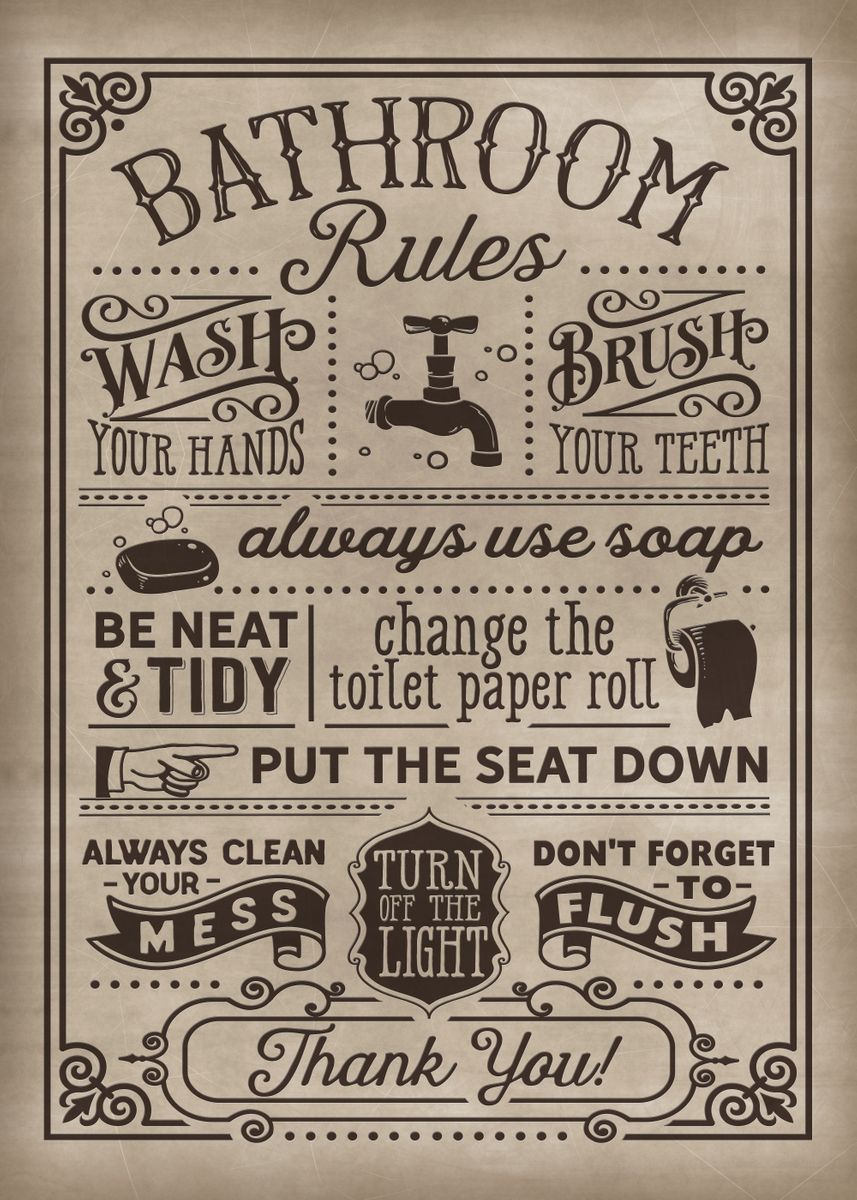'Bathroom rules' Poster, picture, metal print, paint by XandYart Displate