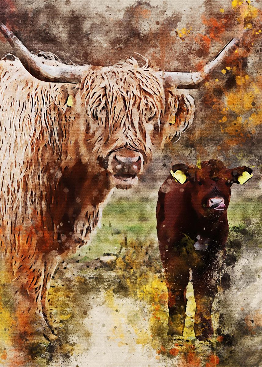 'Highland cow and young cal' Poster by Alan Hill | Displate