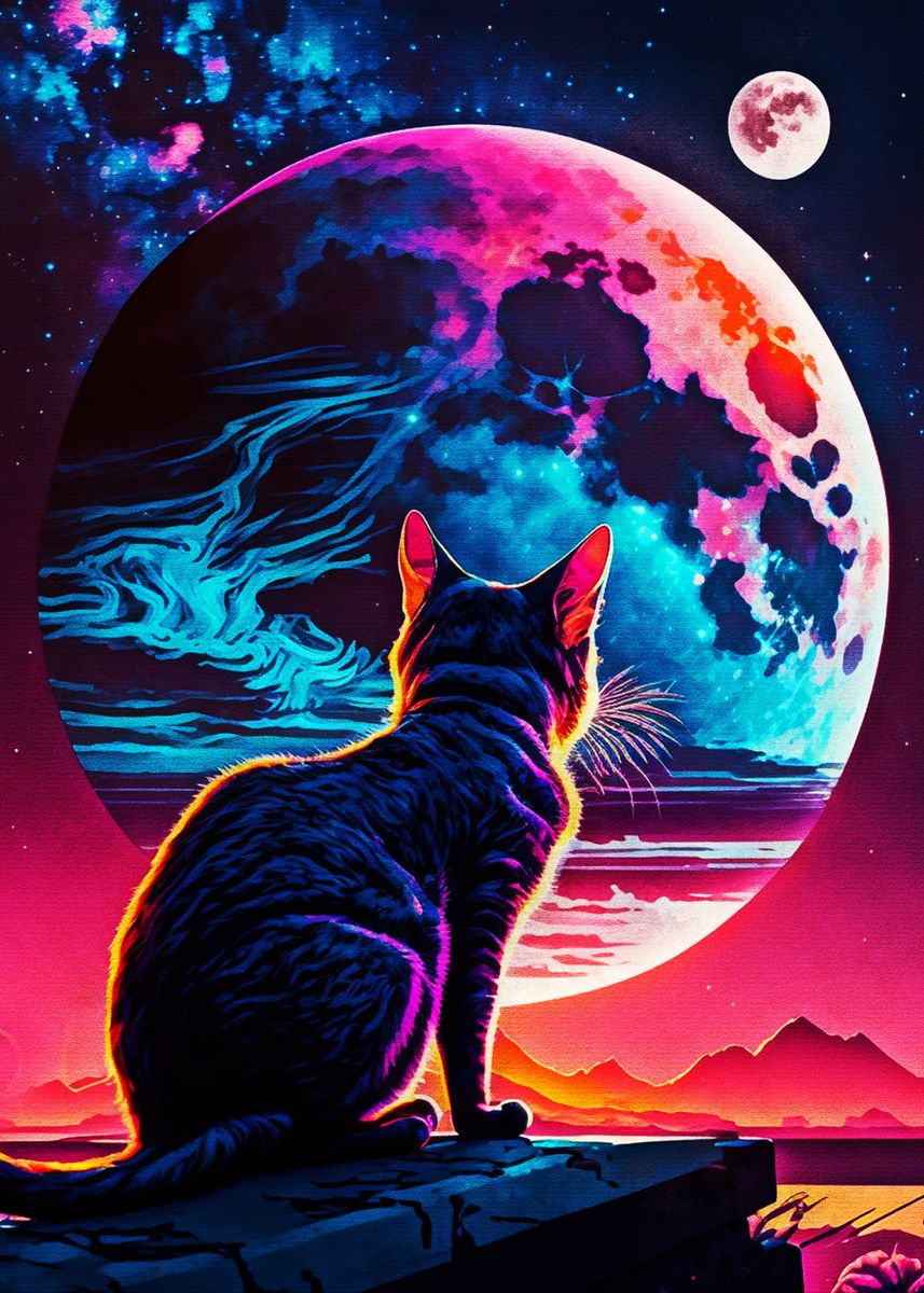 ‘Cat looking at the moon’ Poster, picture, metal print, paint by Muh
