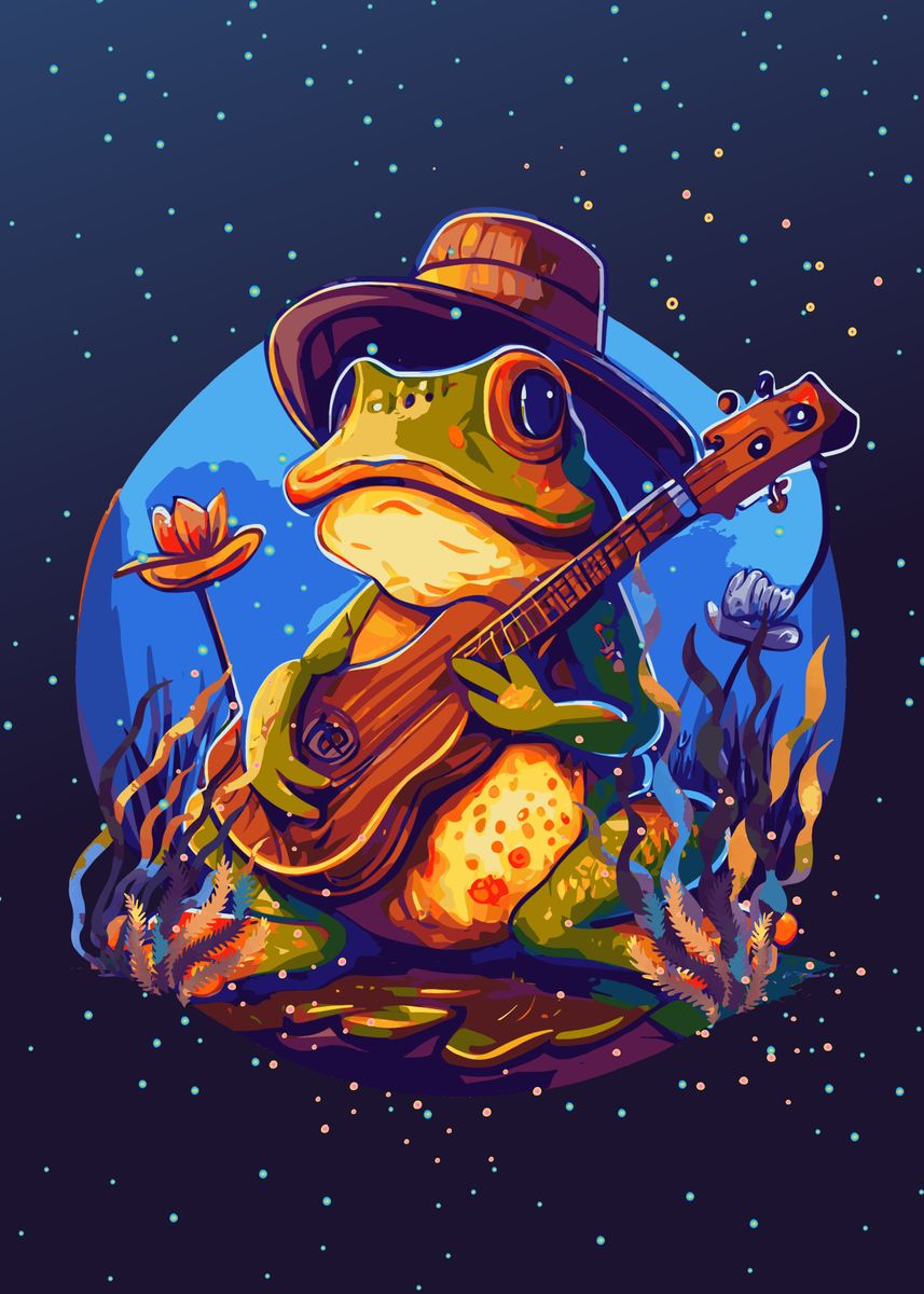 ‘Nature Frog Playing Guitar’ Poster, picture, metal print, paint by