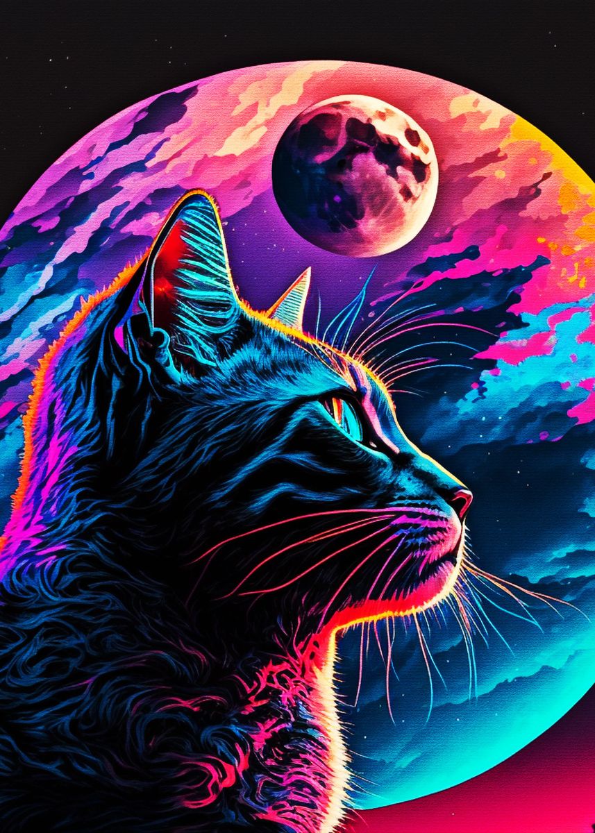 ‘Cat looking at the moon’ Poster, picture, metal print, paint by Muh