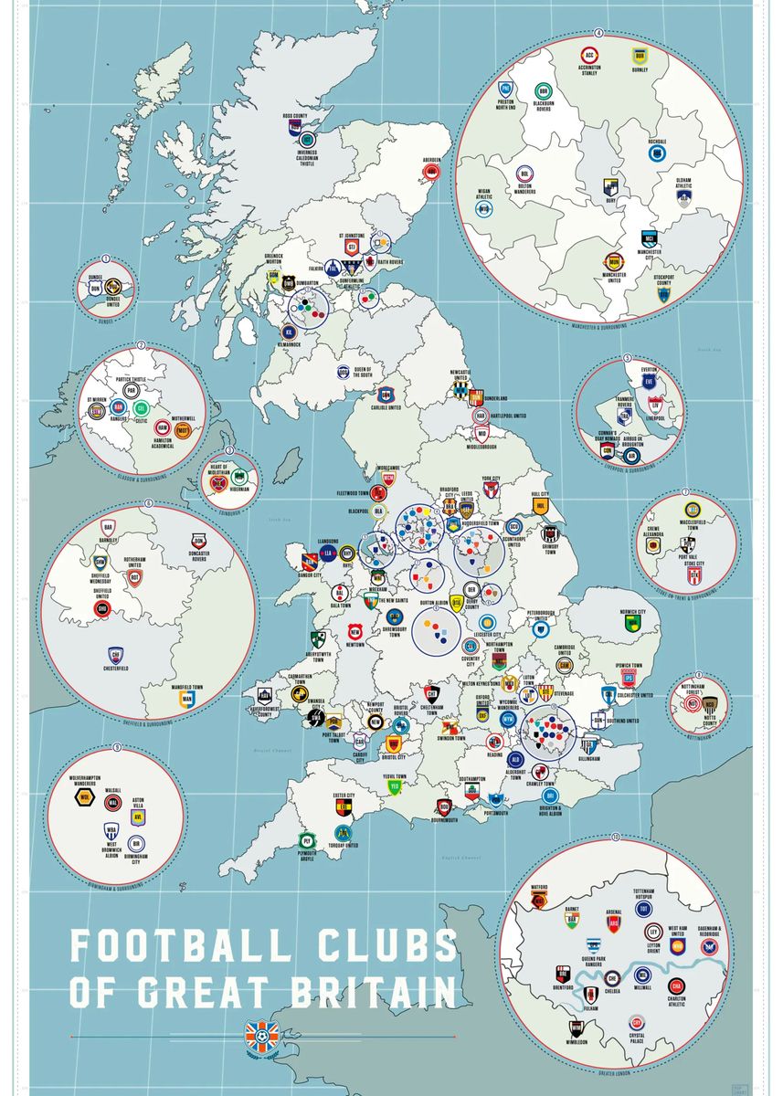 Football Clubs in GB' Poster, picture, metal print, paint by Indra