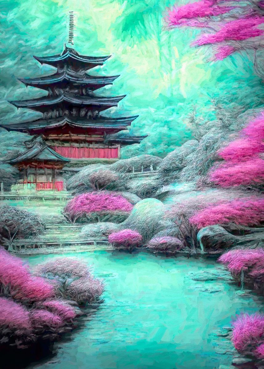'Japanese pink garden' Poster, picture, metal print, paint by Brian