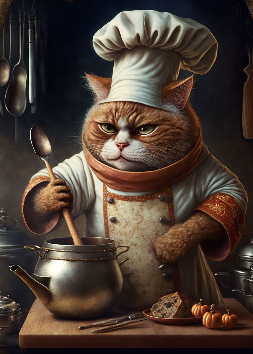 'Chef Cat' Poster, picture, metal print, paint by Five Senses Art ...