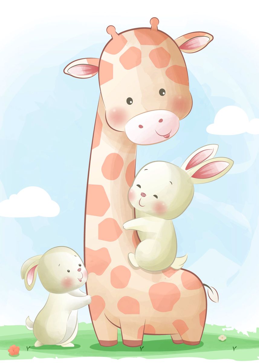 'Giraffe and Bunnies' Poster by Queensy Collin | Displate