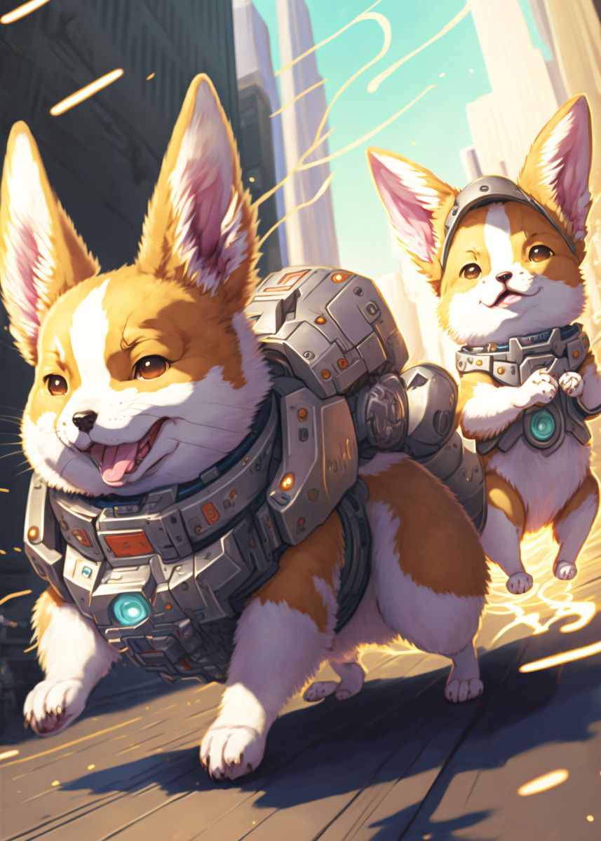 'Armored Corgis on Patrol' Poster, picture, metal print, paint by