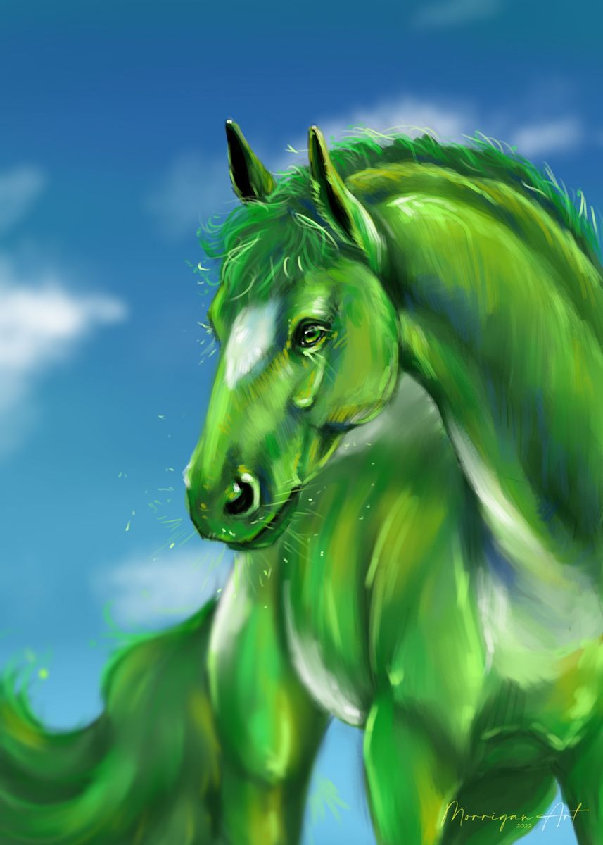 'The green horse' Poster, picture, metal print, paint by Morrigan